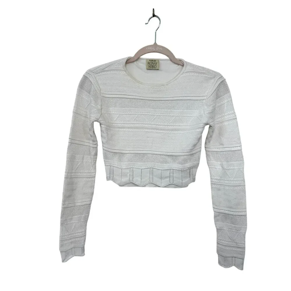 Torn by Ronny Kobo White Textured Cropped‎ Sweater Cotton Rayon XS Minimalist